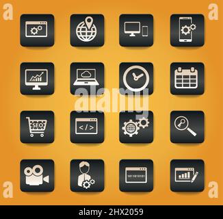 SEO and development symbols on black buttons on yellow background Stock Vector
