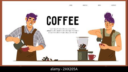 Coffee shop or cafe-bar, restaurant web banner layout with with barista characters, flat vector illustration for flyer and website. Coffee drink for w Stock Vector