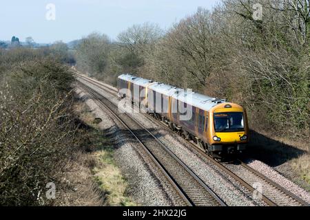 West Midlands railway class 172 Bombardier Turbostar train arriving at Worcester with lower ...