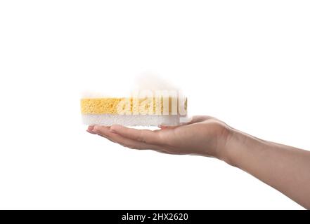 Female hand with soapy sponge on white background, closeup Stock Photo