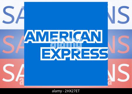 American Express logo in front of the sanction text on the Russian flag. Fresh sanctions against Russia over its invasion of Ukraine. March 2022, San Francisco, USA Stock Photo