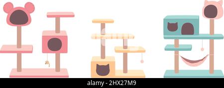 Cat tree with cat house, luxury colorful rooms for animals. Cat tower, scratching post and hammock. A set of furniture for kittens, with toys in the form of mice. Flat vector illustrations isolated. Stock Vector