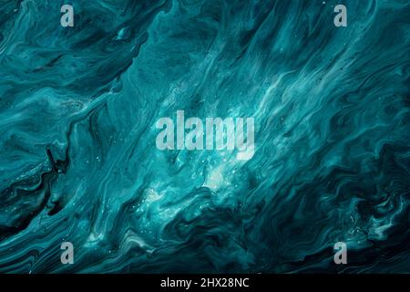 Fluid Art. Liquid dark turquoise abstract drips and wave. Marble effect background or texture. Stock Photo