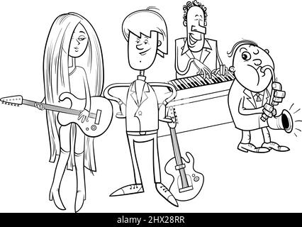 Black and white cartoon illustration of girl and guy with guitars and musical band coloring book page Stock Vector