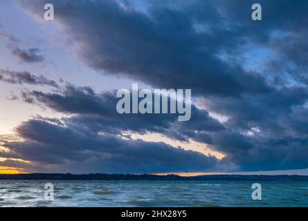 Evening light with dramatic clouds, Lake Starnberg, Upper Bavaria, Bavaria, Germany, Europe Stock Photo