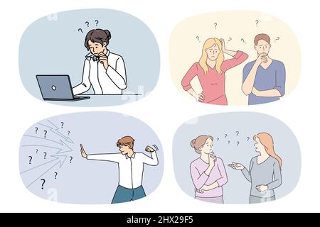 Set of diverse people with question marks feel confused with problems solution. Collection of men and women frustrated with finding answer. Trouble solving. Vector illustration.  Stock Vector