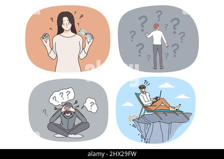 Diverse confused people doubt, think. Vector flat illustration of ...