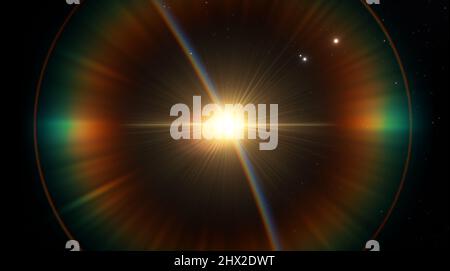 Sunrise from behind blue planet. Fantastic scientific landscape of planets in space. Boundless black space, a fictional blue planet. 3d render Stock Photo