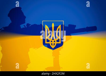 Ukraine war. Ukrainian army weapon, battle field. Soldier, weapon silhouette, Coat of arms flag background. 3d render Stock Photo