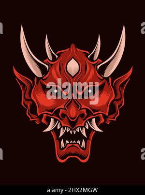 illustration scary oni mask red color Stock Vector