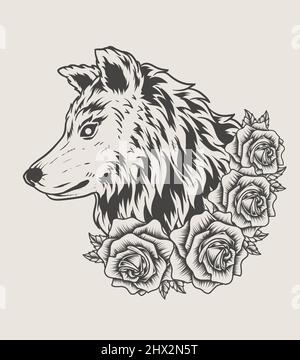 illustration wolf head with rose flower monochrome style Stock Vector