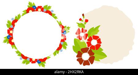 Set of round frames with floral pattern of decorative red poppies and mallows and blue cornflowers with place for text in center. Vector illustration. Stock Vector