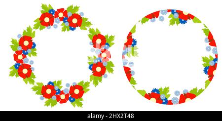 Set of round frames with floral pattern. decorative red poppies and mallows and blue cornflowers with place for text in center. Vector illustration Fo Stock Vector