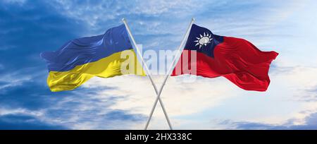 two crossed flags Taiwan and Ukraine waving in wind at cloudy sky. Concept of relationship, dialog, travelling between two countries. 3d illustration Stock Photo