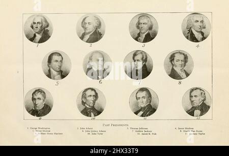 Past Presidents of the USA 1. George Washington 2.John Adams 3. Thomas Jefferson 4. James Madison 5. James Monroe 6. John Quincy Adams 7. Andrew Jackson 8. Martin Van Buren 9. William Henry Harrison 10. John Tyler 11. James K. Polk 12. Zachary Taylor From the book ' The Washington monument illustrated; complete guide and history; authentic facts and figures; pictorial city of Washington ' by Ina Capitola Emery, Published in 1913 Stock Photo