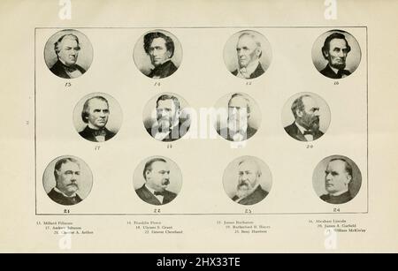 Past Presidents of the USA 13. Millard Fillmore 14. Fraklin Pierce 15. James Buchanan 16. Abraham Lincoln 17. Andrew Johnson 18. Ulysses S. Grant 19. Rutherford B. Hayes 20. James A. Garfield 21. Chester A. Arthur 22. Grover Cleveland 23. Benj Harrison 24. William McKinly From the book ' The Washington monument illustrated; complete guide and history; authentic facts and figures; pictorial city of Washington ' by Ina Capitola Emery, Published in 1913 Stock Photo
