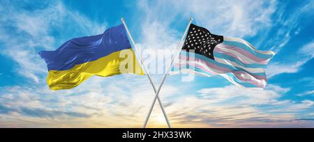 crossed national flags of Ukraine and TransAmerica flag waving in wind ...