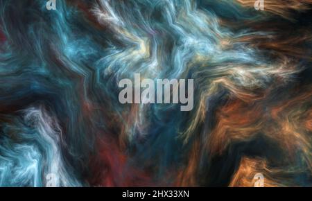 Marble, paint, liquid abstract colorful fractal in blue and orange color on black. Texture background Stock Photo