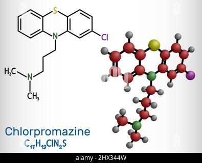 Chlorpromazine, CPZ molecule. Phenothiazine antipsychotic, used to ...