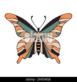 Butterfly contour hand drawing painted colored, isolated, white background. Vector illustration Stock Vector