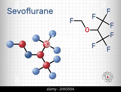 Sevoflurane, fluoromethyl molecule. It is inhalation anaesthetic, used for the general anesthesia. Structural chemical formul, molecule model. Sheet o Stock Vector