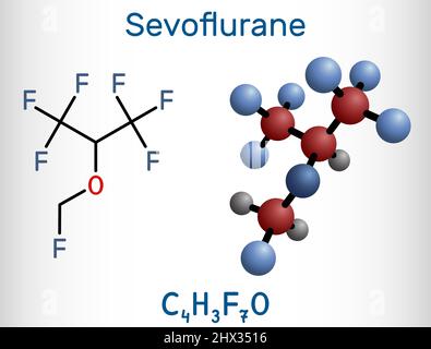 Sevoflurane, fluoromethyl molecule. It is inhalation anaesthetic, used for the general anesthesia. Structural chemical formula and molecule model. Vec Stock Vector