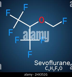 Sevoflurane, fluoromethyl molecule. It is inhalation anaesthetic, used for the general anesthesia. Structural chemical formula on the dark blue backgr Stock Vector