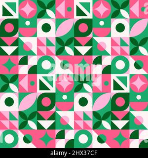 Abstract geometric seamless pattern. Neo geo style print, vector illustration. Simple repeating lines and shapes mosaic background. Pink, green and Stock Vector