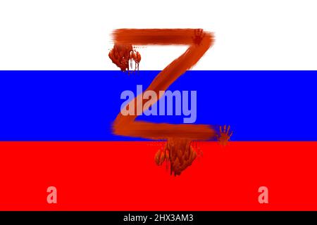 Flag of russia and ukraine, relations between ukraine and russia. Letter z written in blood. Confrontation between countries, no war Stock Photo