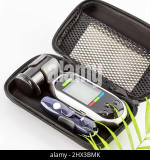A set for measuring blood glucose, a glucose meter, a piercing device and test strips in a black case on a white background with a palm leaf. Control Stock Photo