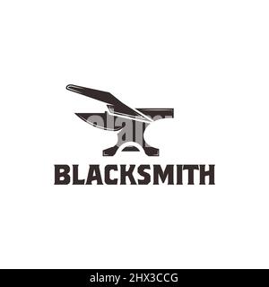 Blacksmith Iron Anvil Forge Foundry vintage logo vector silhouette,black background Stock Vector