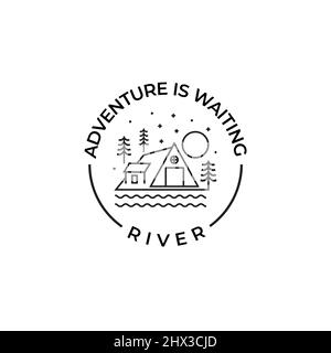 Camping badge illustration design. Wigwam outdoor logo by the lake, round logo Stock Vector