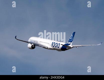 Moscow Russia Zhukovsky Airfield 25 July 2021: Passenger aircraft Airbus A350 in the demonstration flight of the international aerospace salon MAKS-20 Stock Photo