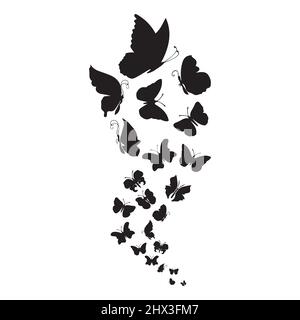Flying butterflys pattern. Black Sketch butterflys on white background. Vector illustration Stock Vector