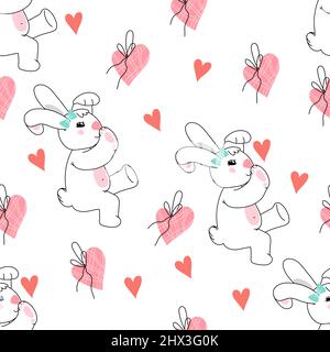 Seamless pattern with cute rabbit and pink hearts. Decorative repeatable background for easter or Valentine day and kids prints, vector hand drawn ill Stock Vector