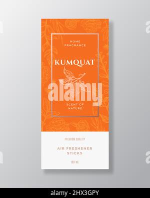 Kumquat Home Fragrance Abstract Vector Label Template. Hand Drawn Sketch Flowers, Leaves Background and Retro Typography. Premium Room Perfume Stock Vector