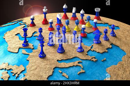 symbol of war and geopolitics in the world with chess pieces. Russia vs EU and ukraine. 3D illustration Stock Photo