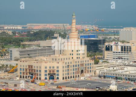 Panoramic Ariel View of Doha City with Iconic Doha Fanar Mosque Stock Photo