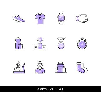 Sports achievements - modern line design style icons set with editable stroke. Active lifestyle. Sneakers and shirt uniform, heart rate tracker, smart Stock Vector