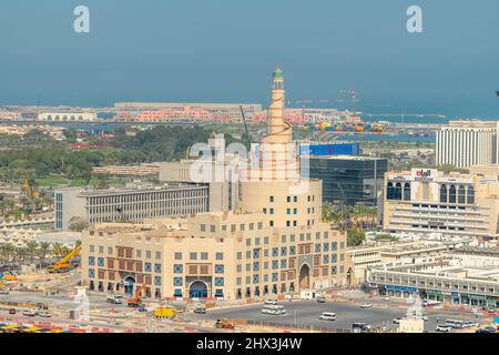 Panoramic Ariel View of Doha City with Iconic Doha Fanar Mosque Stock Photo