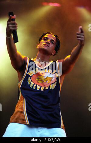 Peter Andre on stage at The V96 Concert held in Chelmsford, UK. 26th August 1996. Stock Photo