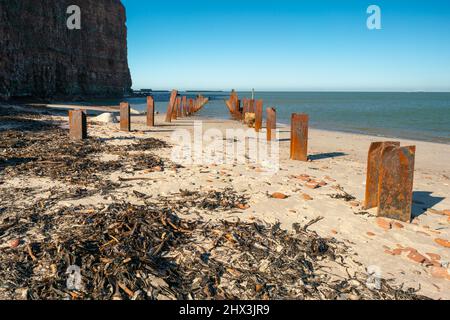 Rusty steel beams, remnants of old ocean pier, on the beach of Helgoland island, Germany. Tall red cliffs in the background. Sea weed in the sand in Stock Photo