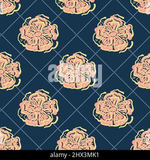 Wild meadow flower seamless vector pattern background. Modern floral line art backdrop with hand drawn outline flowers in dotted diamond shaped frames Stock Vector