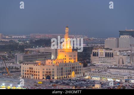 Panoramic Ariel View of Doha City with Iconic Doha Fanar Mosque Stock Photo