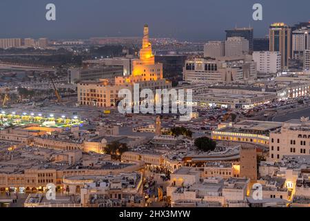 Panoramic Ariel View of Doha City with Iconic Doha Fanar Mosque Stock Photo