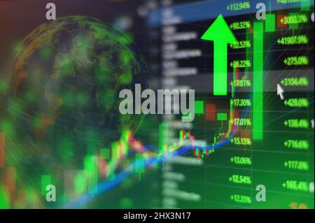 Green uptrend stock market,green bar and the line graph growth up, motivation, hope, and bull stock market after war crisis and pandemic. Background Stock Photo