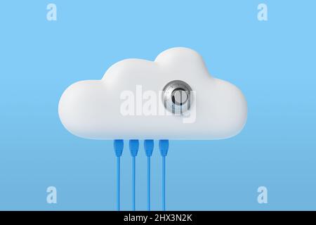 Cartoon cloud with connected network cables and security lock. Security concept. 3d illustration. Stock Photo