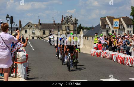 Amboise, France - July 1,2021: The breakaway riding on a road in Amboise during the Tour de France 2021. Stock Photo