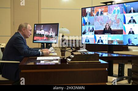 Moscow, Russia. 26 January, 2022. Russian President Vladimir Putin chairs a cabinet meeting via video conference from the official residence of Novo-Ogaryovo, January 26, 2022 outside Moscow, Russia.