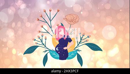 Image of illustration of pregnant woman over flowers and glowing spots of light Stock Photo